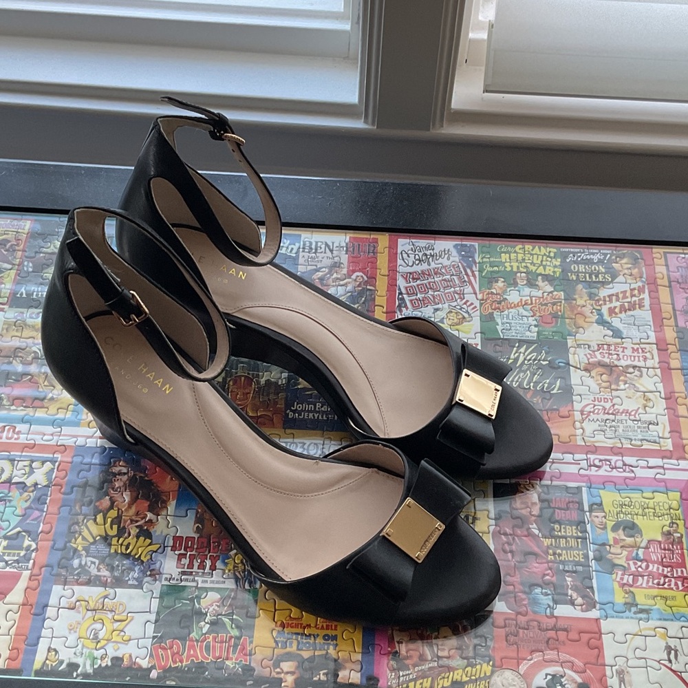 Cole Haan Black Leather Ankle-Strap Heels with Gold Accent